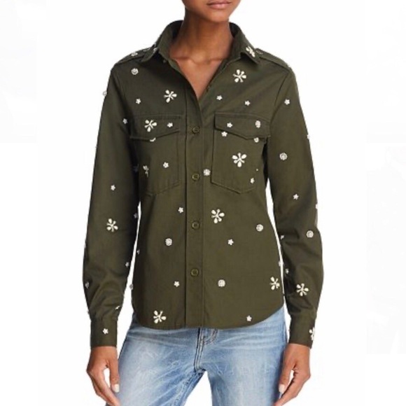 Joie bead embellished military olive green Hayfa shirt button down top XS - Picture 10 of 12